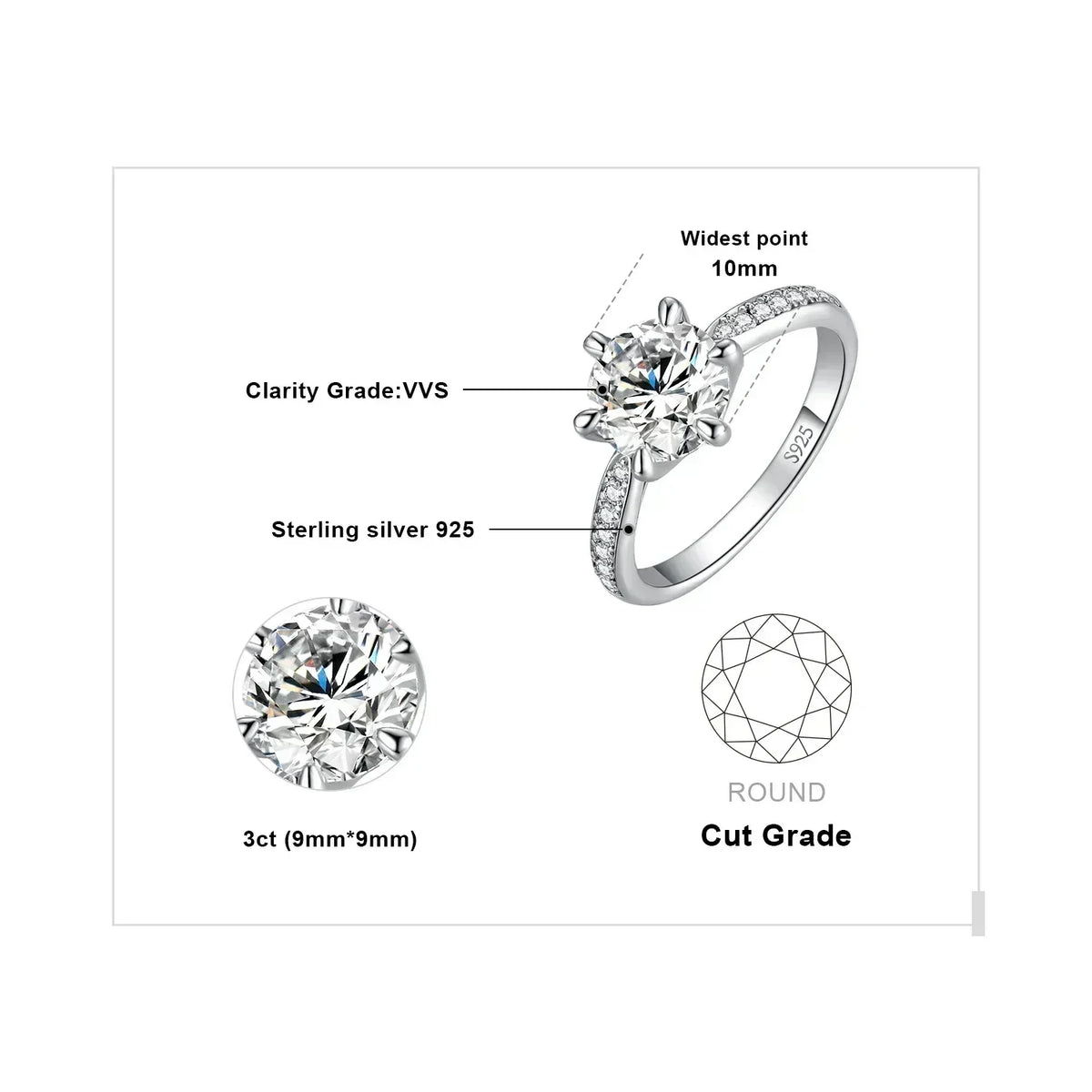 JewelryPalace Moissanite D Color 0.5ct 1ct 1.5ct 2ct 3ct Round S925 Sterling Silver Wedding Engagement Ring for Women
