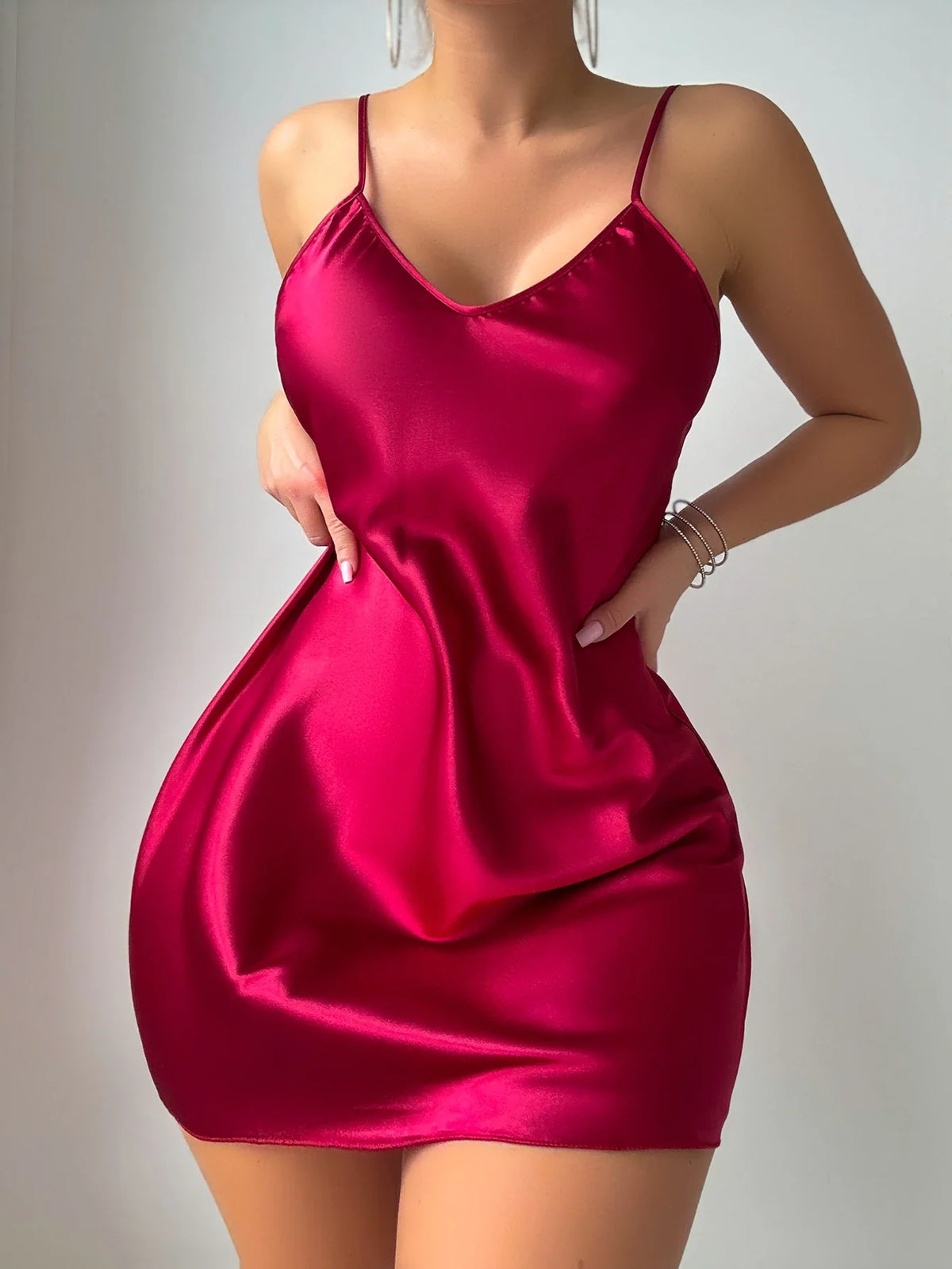 Women Satin Sexy Nightdress V Neck Solid Color Thin Sleep Dress Elegant Breathable Ladies Pajamas Ladies&