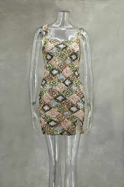 Colorful Rhombus Sequins Sexy Mini Dress Elegant Chic Straps Slit Bodycon Party Dresses Summer Holidays Evening Women Dress 2025