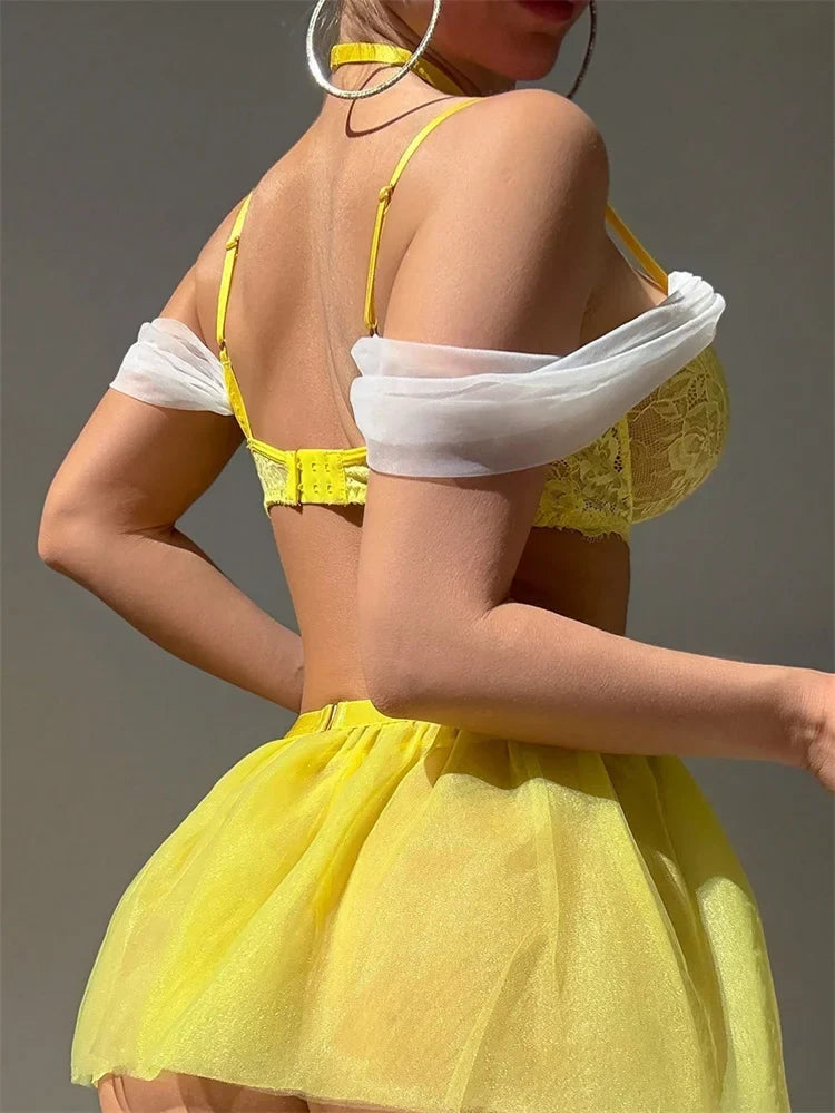 Fairy Sexy Lingerie Lace Bra Mini Skirt G-strings 5 Pieces Women&