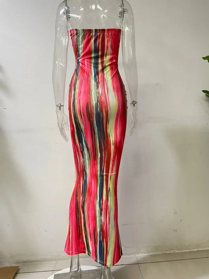 Spring And Summer Dresses For Women Chest Wrap Printed Off Shoulder Bandage Slim Sexy Long Dress 2023 New Fashion party MsChuh