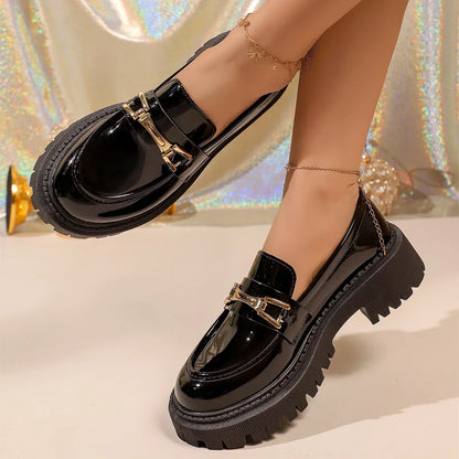Ladies Metal Buckle Decor Chunky Loafers Round‑Toe Slip‑On Lug‑Sole PU Leather Comfortable All‑Match Business Walking Footwear