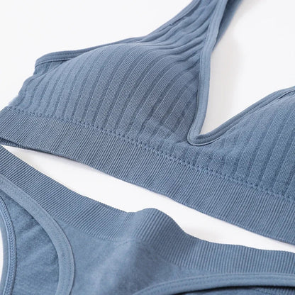 Women Seamless Bra And Panties Set Push Up Bras High Leg Cut Thongs Sport Wireless Brassiere Sexy Lingerie Ribbed Underwear