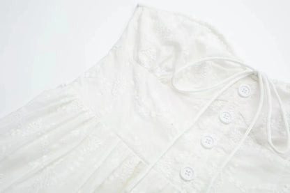Foridol Button Bowknot Off Shoulder White Lace Mini Dress Summer Beach Embriodery Short Party Holiday Vestidos Smocked 2025