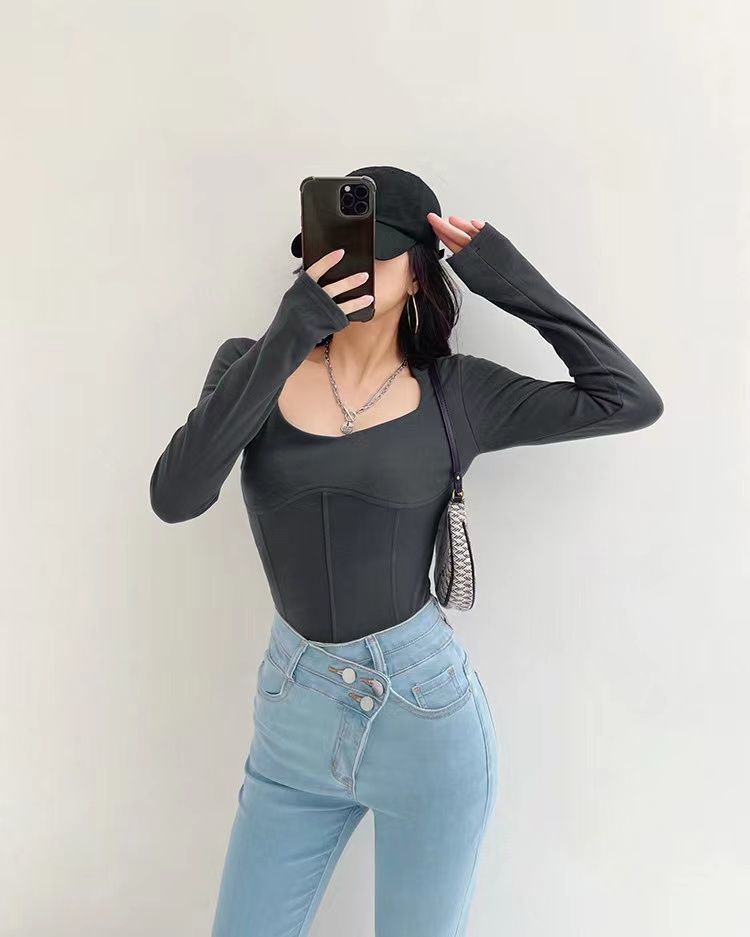 High Waist Cropped Tops Women Fashion Square Neck Long Sleeve T-Shirt Slim Basic Y2K Tees
