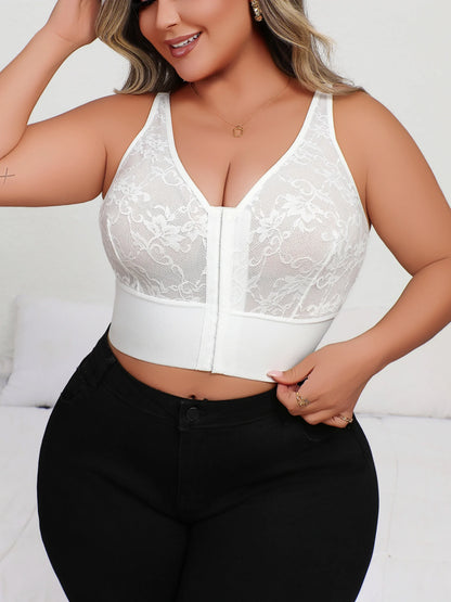 Plus Size Deep V Lace Lingerie, Sheer Plunge Bra with Front Zip, Open Back &amp; Shaping Support