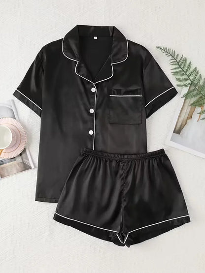Summer Satin Silk Pajamas Set for Women Sleepwear Relaxed Fit Solid Casual Short Sleeve Tops &amp; Shorts Loungewear