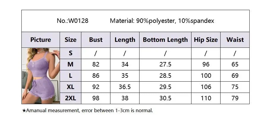 Women Sexy Pajama Set Ribbed Lace Trim Camisole Top &amp; Shorts Summer Sleepwear Two Piece Lounge Nightwear