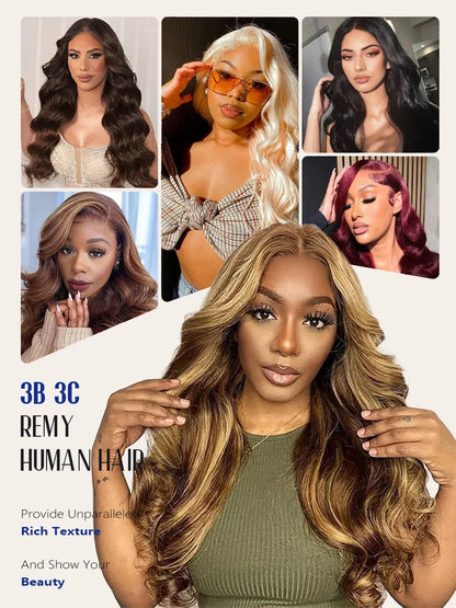P4/27 Highlight Body Wave 40 Inch Long-length &amp; 200% High Density Human Hair Wigs HD Transparent Skin-melt Swiss Lace Frontal Wig