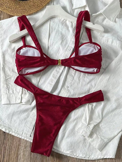 Sexy Metal Shell Ornament Bikini Set 2026 Women Hot Pink Pleate Push Up Bra Thong Swimsuit Summer Bathing Suit Micro Swimwear