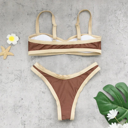 Sexy Coffee Patchwork Bikini Set 2026 Women Halter Push Up Bra Thong Swimsuit Brazilian Bathers Bathing Suit Micro Swimwear