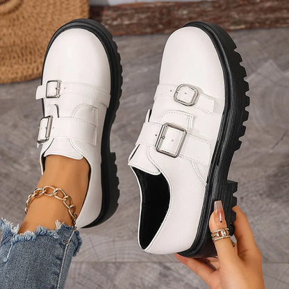 Fashion Double Buckle Platform Loafers Women British Style Thick Bottom Pu Leather Shoes Woman Comfort Round Toe Student Shoes