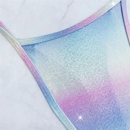 Sexy Color Shiny Bikini Swimsuit One Piece Swimwear Women String Thong Backless Monokini High Cut Bathing Swimming Suits Wear