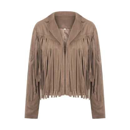 Women Spring Autumn Slim Long Sleeve Open Front Coat Solid Color Collared Jacket with Tassels Black/ Coffee/ Pink