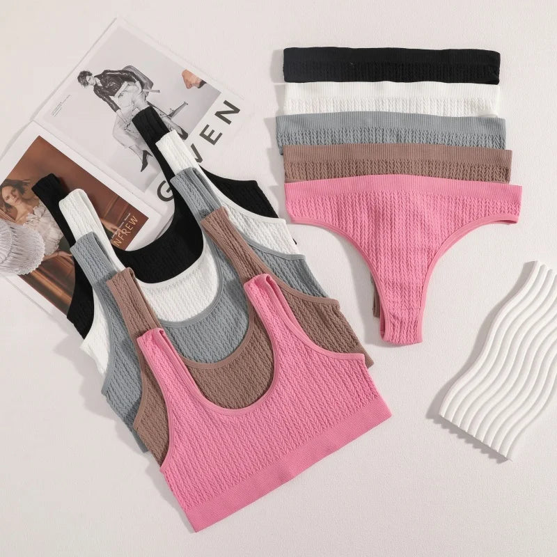 Women Knit Seamless Bra And Panties Set Tank Style Bralette Without Padding Low Rise Thong U-Neck Wide Strap Lingerie Set M-L