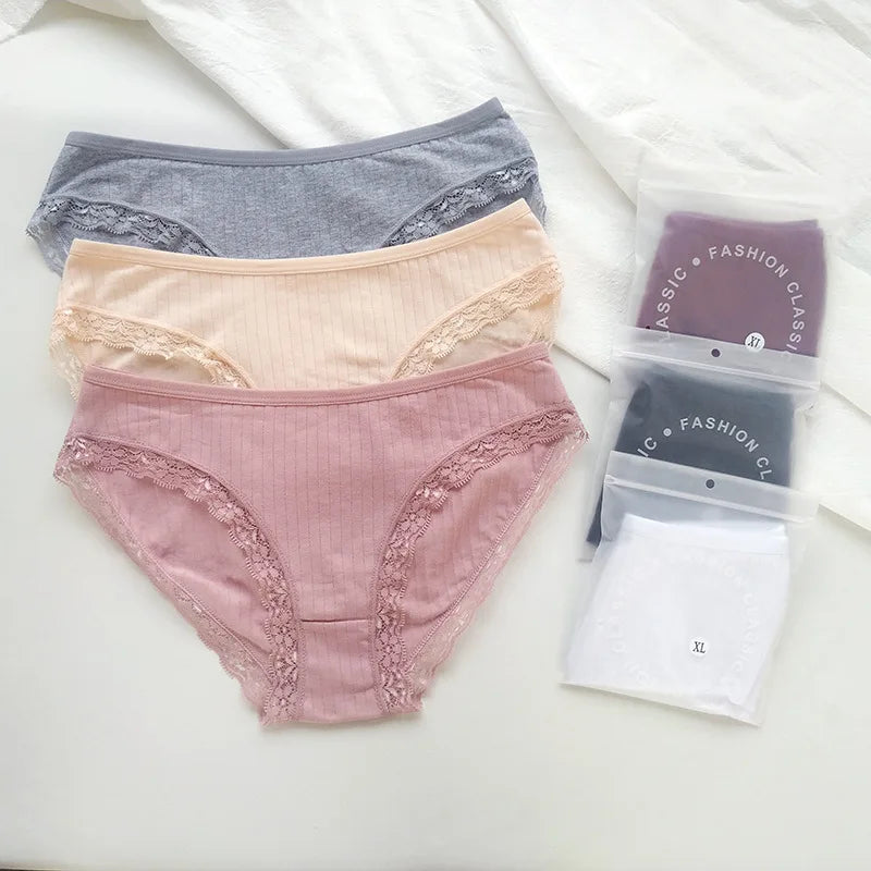 3Pcs/Set Cotton Panties Women Lace Trim Briefs Female Underpants Solid Color Soft Underwear Sexy Lingerie Intimates M-XL