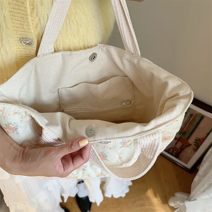 Floral Patchwork Tote Bag For Women With Cotton Exterior And Polyester Lining For Casual Everyday Use