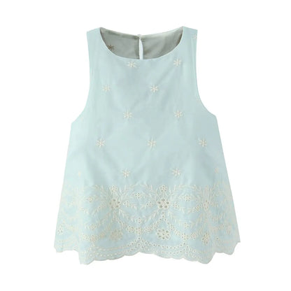 Sleeveless Top Skirt Two Pieces Matching Set for Women Light Blue Vintage Skirt Set French Style Embroidery Cotton Dress Set