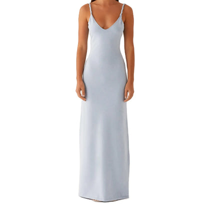 Women Sleeveless Summer Solid Color Twisted Straps Dresses V-Neck Backless Party Club Vacation Beach Long Dresses