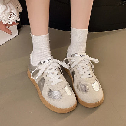 Silver Patchwork Platform Sneakers Women Thick Bottom Lace Up German Training Shoes Woman Spring Autumn Korean Non Slip Flats