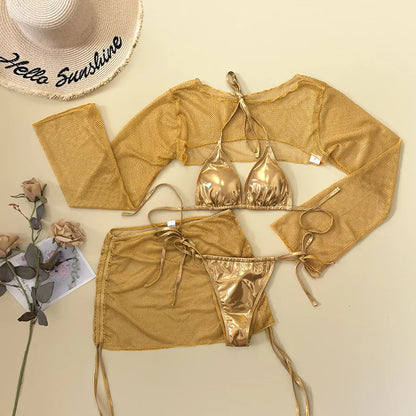 Women Metallic Glitter Pink Gold Micro Mini String Bikini Sets 4 Pieces with Mesh Cover Tops and Mini Skirt Swimsuit Biquini