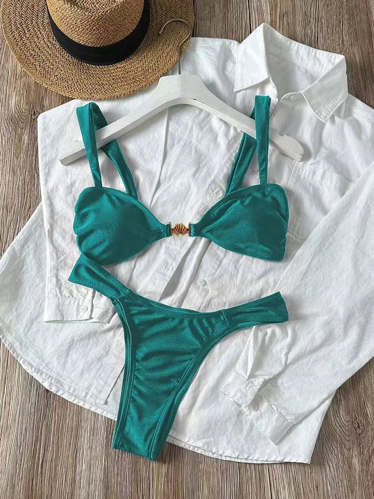 Sexy Metal Shell Ornament Bikini Set 2026 Women Hot Pink Pleate Push Up Bra Thong Swimsuit Summer Bathing Suit Micro Swimwear