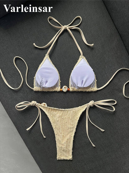 Halter Fishnet Bikini Women Swimwear Female Swimsuit Two-Pieces Bikini Set High Cut Leg Padded Bather Bathing Suit Swim V8339