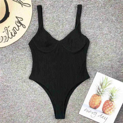 S - XL New Sexy High Cut Women Swimwear Ribbed Underwired One Piece Swimsuit Female Bather Bathing Suit Swim Lady Bodysuit V1607