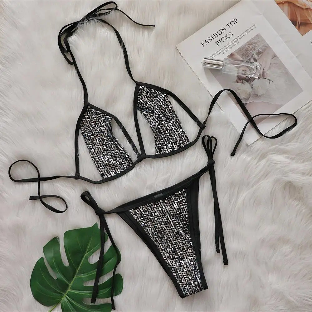 DEKA 2025 Sexy Brazilian Sequins Bikini Woman Swimsuits Crystal Swimwear Bikini Thong Biquini Swim Suits Beachwear