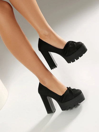 Plus Size Cross Soft PU Upper Platform Ultra Coarse Heel Shallow Breathable High Heels Office Women&