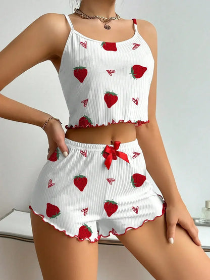 Camisole Strawberry Printing Casual Vest Tops and Shorts 2 Pieces Pajamas Set Women&