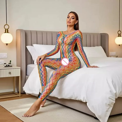 Women Rainbow Fishnet Bodysuit, Long Sleeve Crotchless Sheer Hollow Lingerie