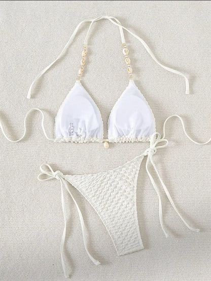 Sexy White Shell String Bikini 2026 Women Luxury Push Up Bra Tie Side Thong Swimsuit Brazilian Beach Bathing Suit Micro Swimwear