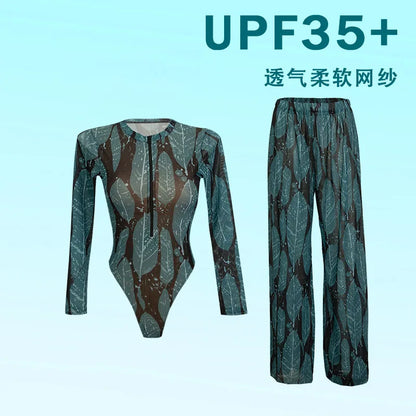 2026 Printed Long Sleeve with Long Pants Sexy One Piece Swimsuit Women Swimwear Female Flowers Padded Bather Bathing Suit Swim