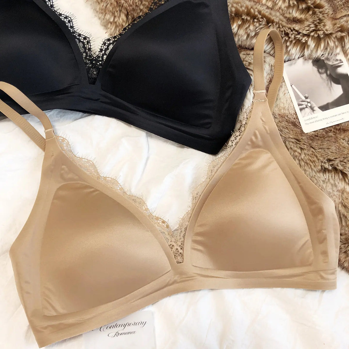French Sexy Seamless Lingerie Women Silk Satin Lace Bra Deep V Triangular Cup Push Up Bras Adjustable Strap Comfort Underwear