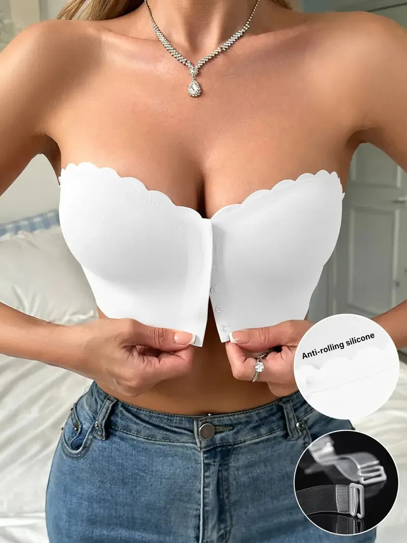 Solid Seamless Strapless Front Closure Wireless Strapless Bra, Sexy Comfy Push Up Bra, Women&