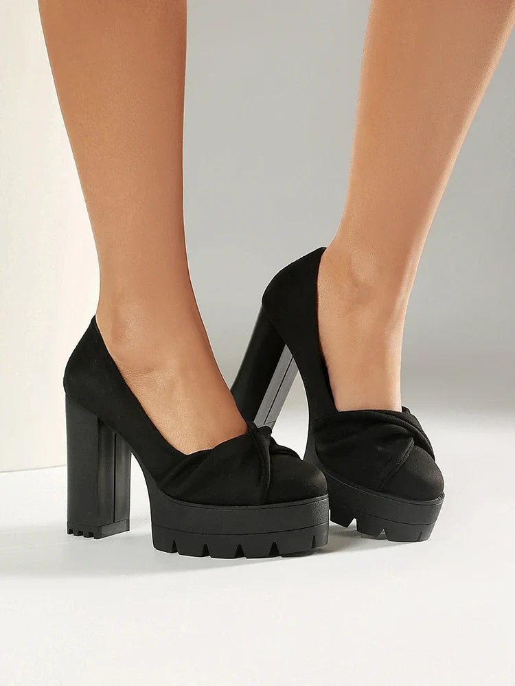 Plus Size Cross Soft PU Upper Platform Ultra Coarse Heel Shallow Breathable High Heels Office Women&