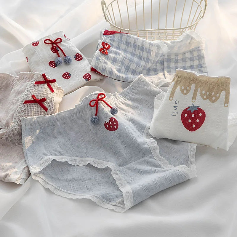 1 Pack Strawberry Print Mid-Rise Cotton Panties 5 Cute Patterns Briefs (M-L-XL) Japanese Style Kawaii Strawberry &amp; Bow Lingerie