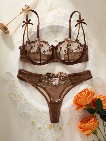Night Beautiful Sexy Women 2 Piece floral Embroidery Underwear Sexy Erotic lingerie underwear Set