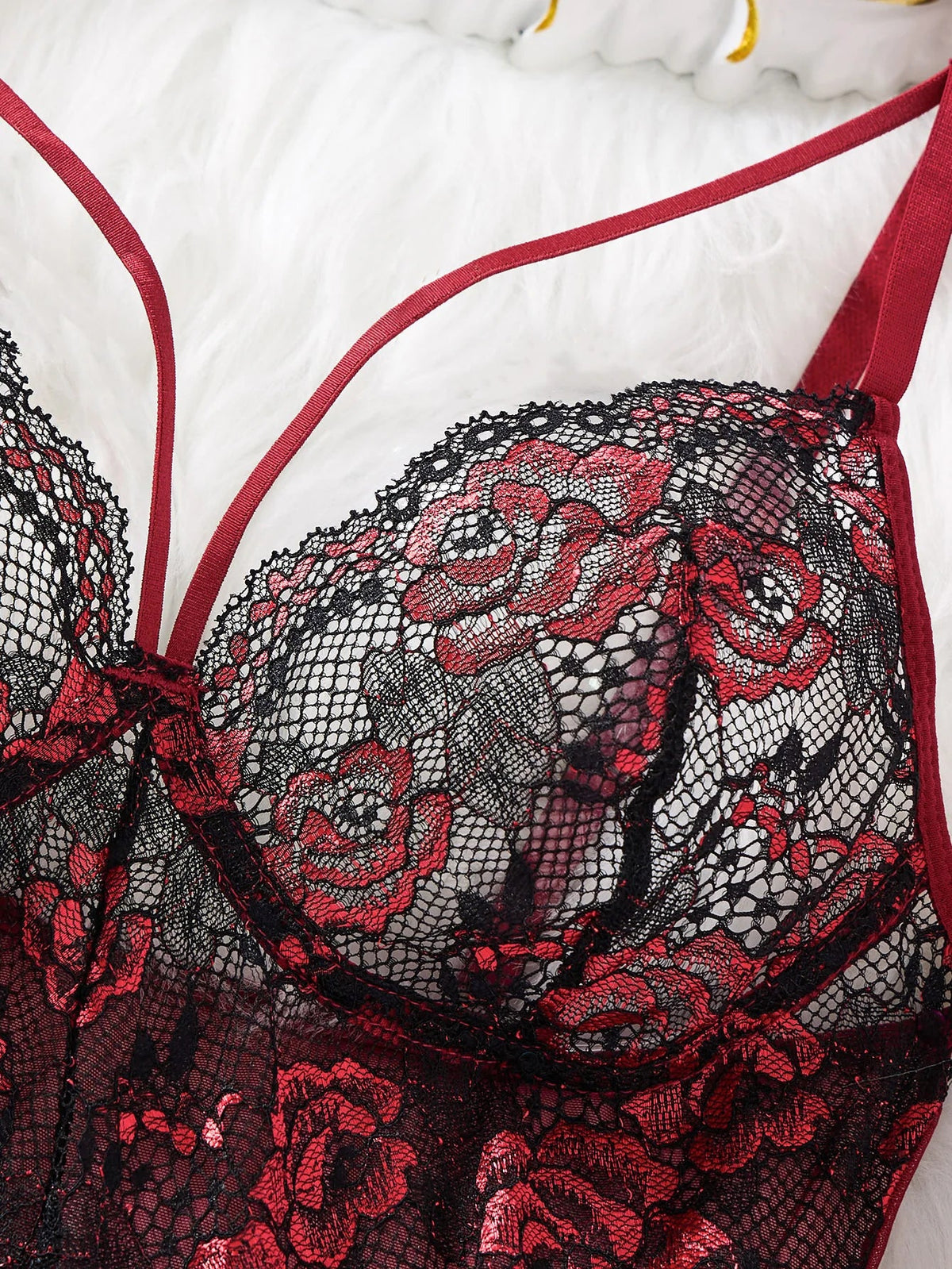 Red wine rose embroidered lace nightgown set - Retro style deep V mesh sheer camisole thong set ZA825133