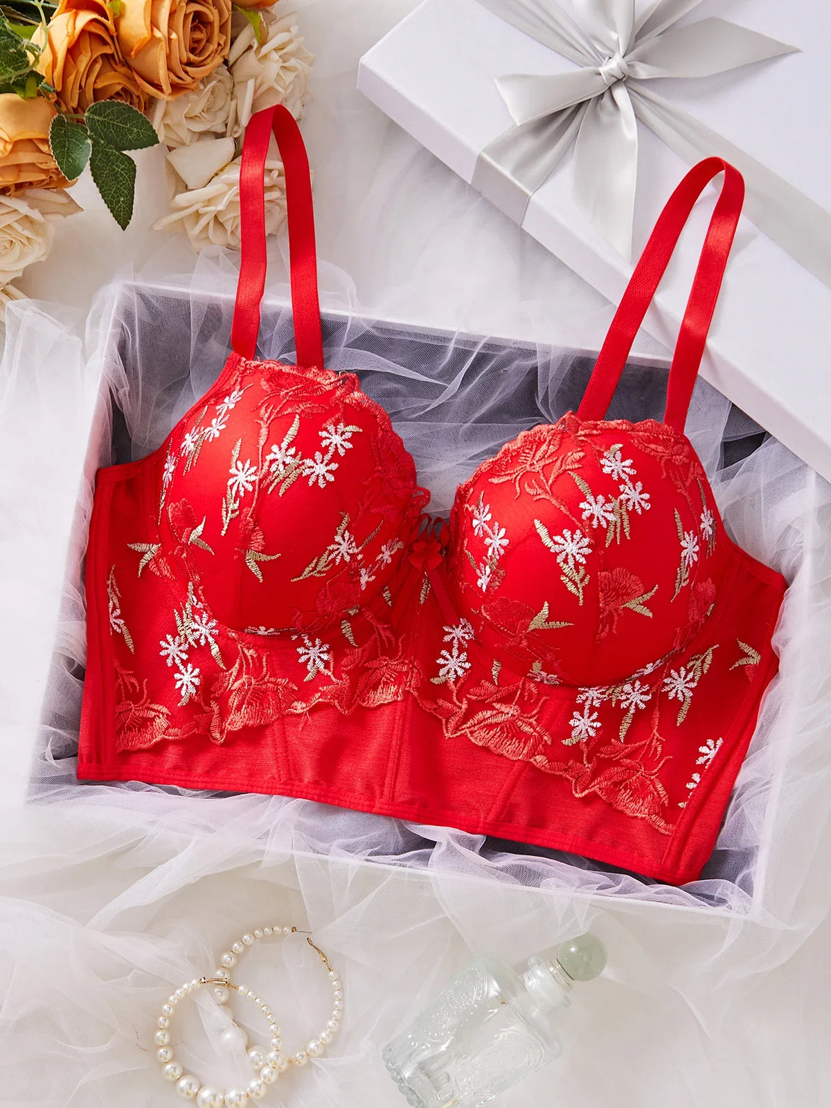 Plus Size Floral Embroidered Lace Bustier Bra – Push Up, Tummy Control &amp; Non-Slip Corset Top