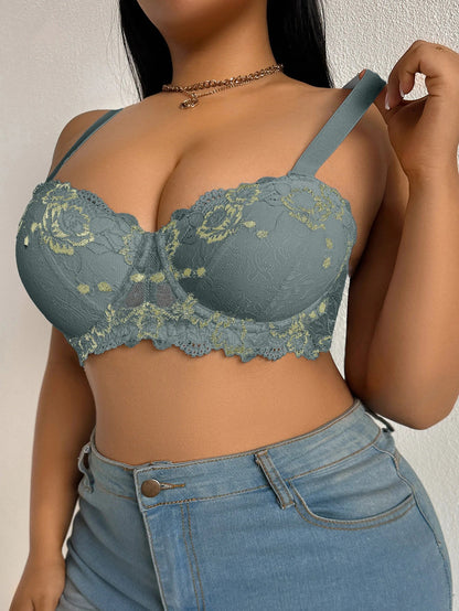 Daily Wide Strap Plus Size Women Bra Lace &amp; Embroidery Push up Bra Comfort Thin Cup Underwire Support Lingerie Bra
