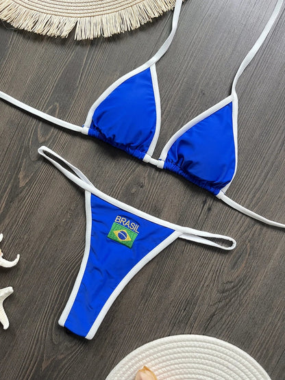 Solid color sexy embroidered Brazilian flag bikini set, women&