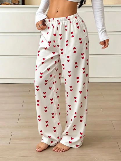 New Summer Women Satin Pajama Pants Cute Heart Pattern Elastic Waist Loose Long Sleepwear Trousers Comfortable Home Lounge Pants
