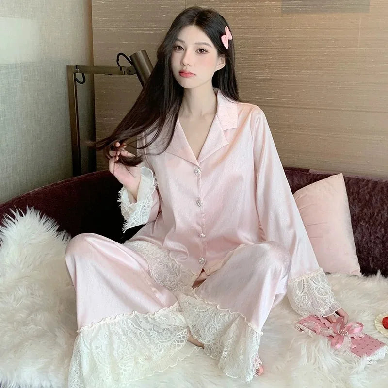 Spring and Autumn Satin New Style Temperament Ice Lace Lace Lace Silk Light Luxury Sleepwear Women&