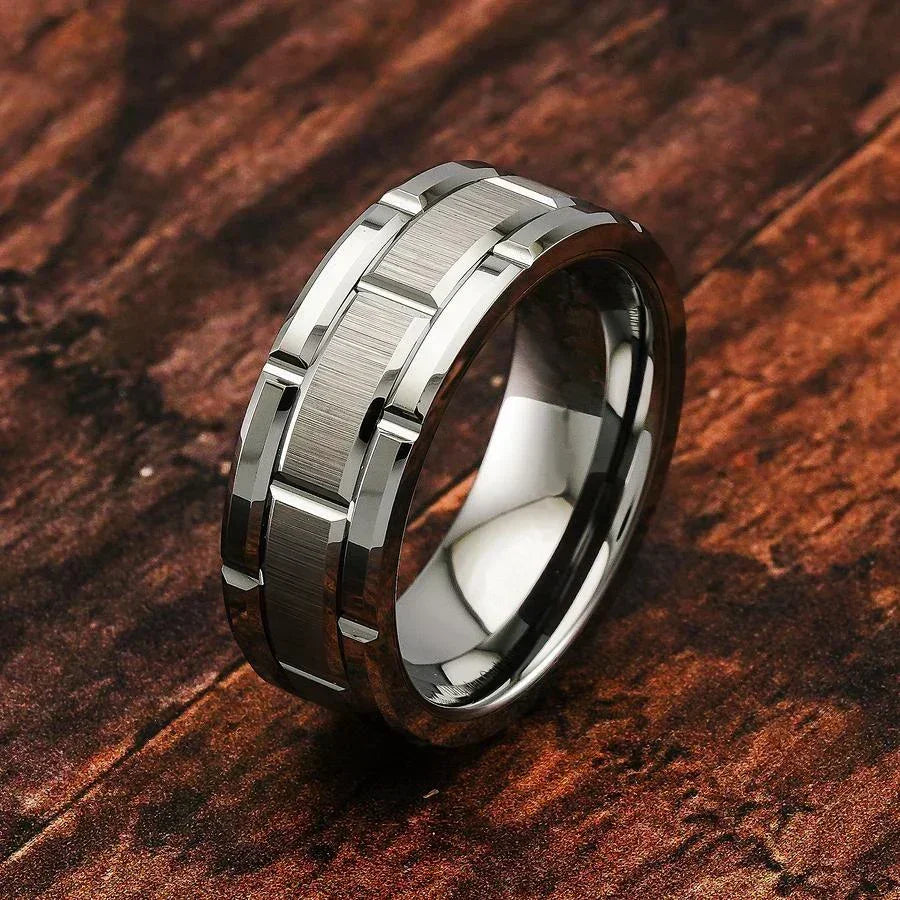 Fashion Men 8MM Stainless Steel Ring Black Color Brushed Double Groove Pattern Men&