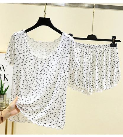 Chic Modal Floral Print 2Pcs Set Soft And Breathable Short-Sleeve Top And Shorts Loose Relaxed Fit Women&
