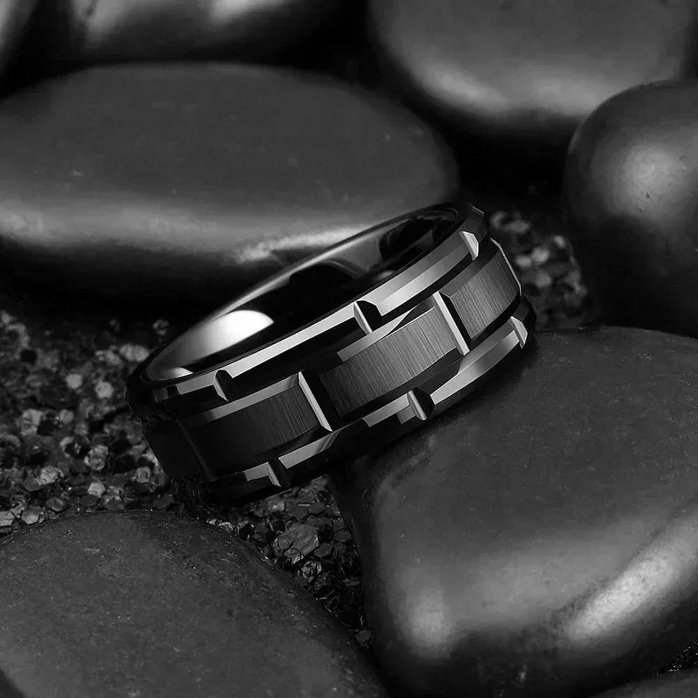 Fashion Men 8MM Stainless Steel Ring Black Color Brushed Double Groove Pattern Men&