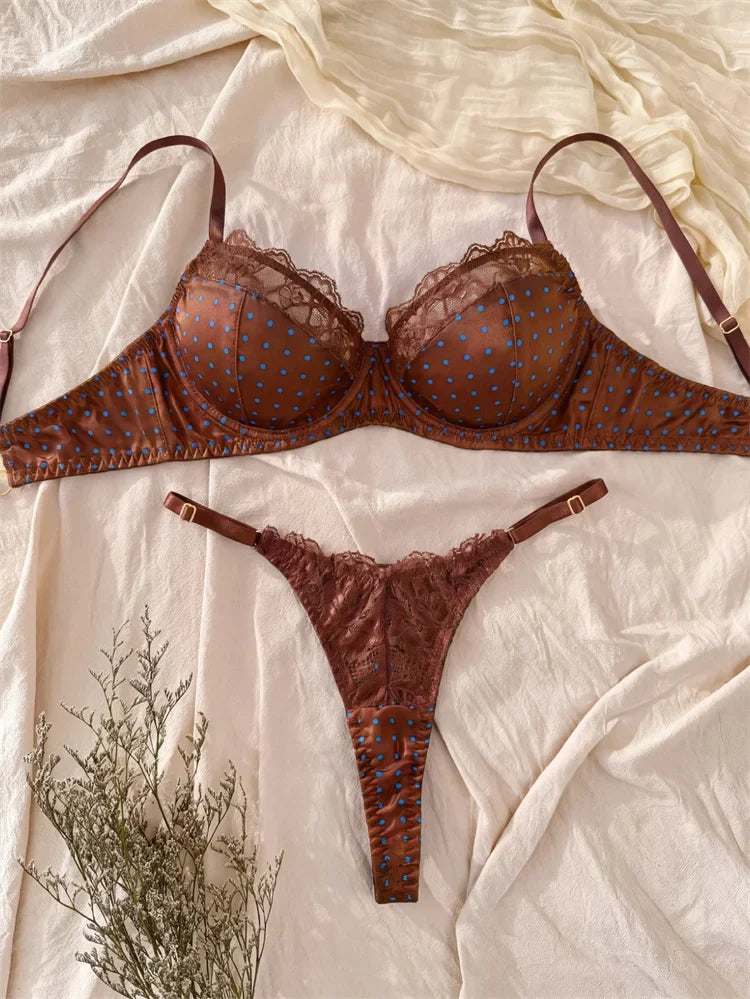 French Retro Brown Satin Lingerie Set Polka Dot Lace Splicing Women&