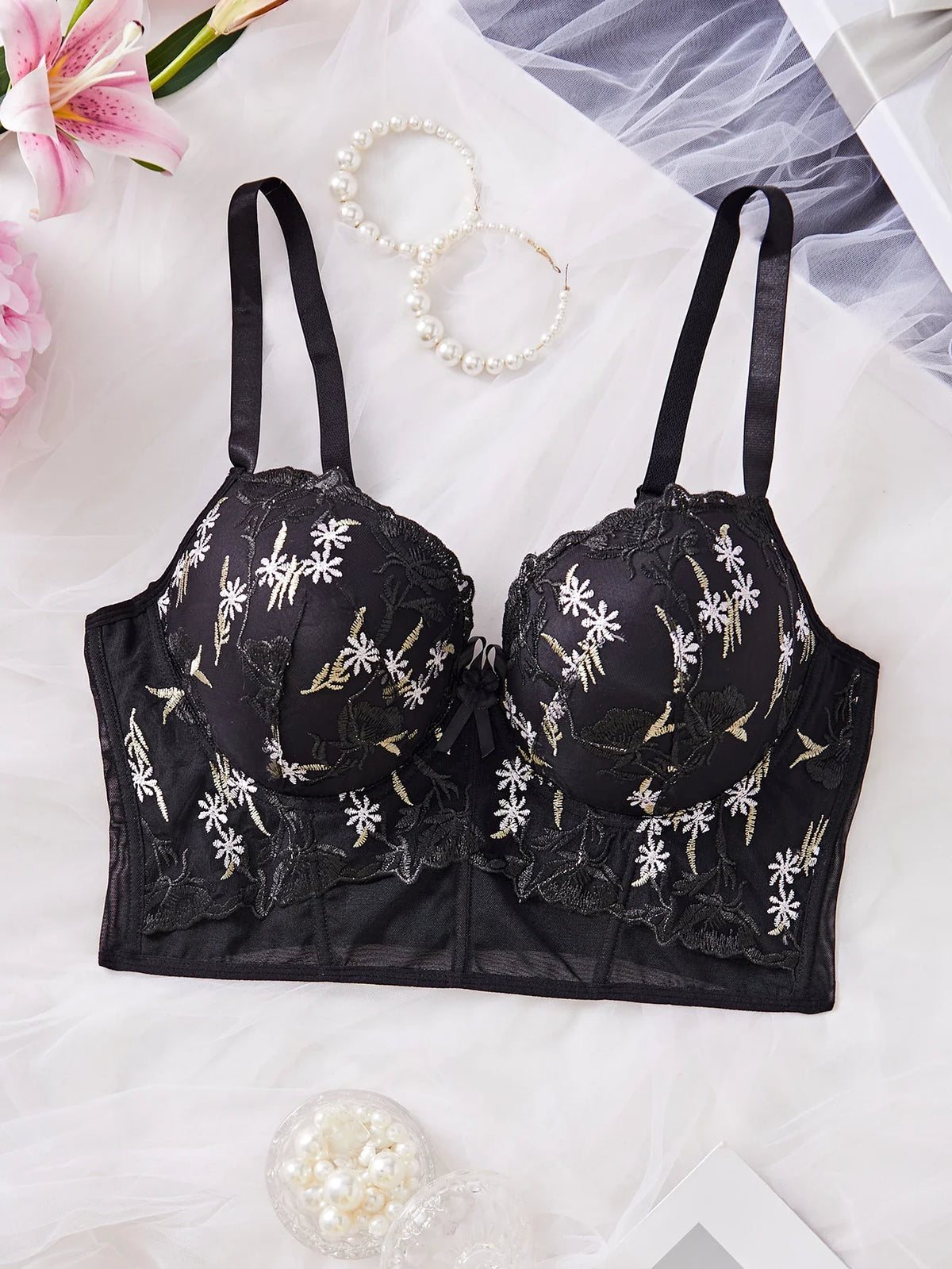 Plus Size Floral Embroidered Lace Bustier Bra – Push Up, Tummy Control &amp; Non-Slip Corset Top